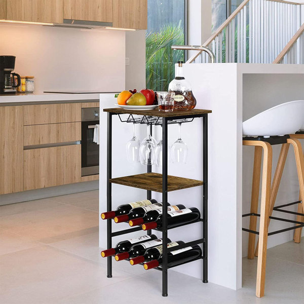 17 Stories 8 Bottle Floor Wine Bottle & Glass Rack in Rustic Brown